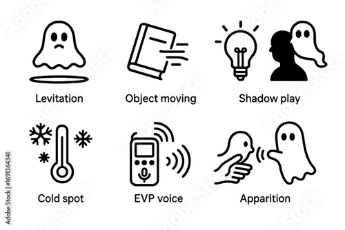 Spectral Activities Icon Set. Outline icon set of spectral activities: levitation, object moving, flickering lights, shadow play,