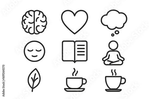 Mental Wellness Icons. Outline icon set of Mental wellness: brain, heart, thought bubble, calm face, journal,