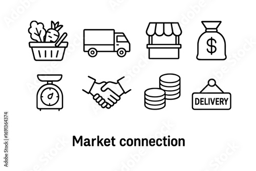 Market Icon Set. Outline icon set of market connection: basket of produce, truck, market stall, money bag,