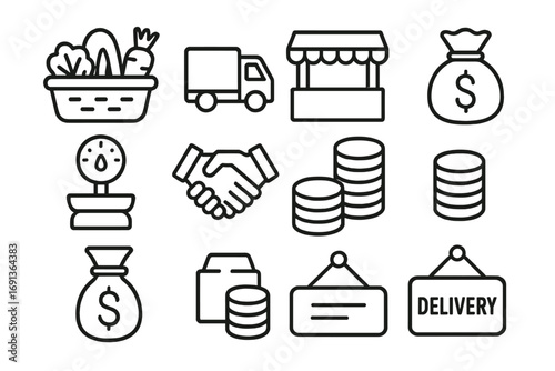 Market Icon Set. Outline icon set of market connection: basket of produce, truck, market stall, money bag,