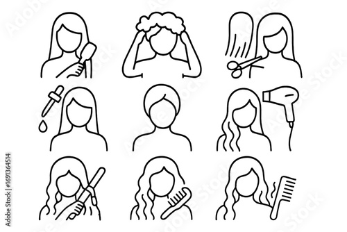 Hair Care Icons. Outline icon set of Hair maintenance routines: brushing, washing, trimming, oiling, masking,