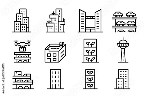 Vertical City Icons. Outline icon set of Vertical cities: stacked residential blocks, aerial garden terraces,