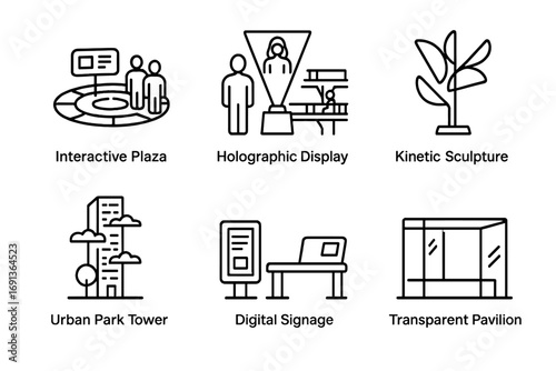 Futuristic Urban Icons. Outline icon set of Futuristic public spaces: interactive plaza, holographic display,