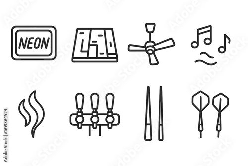 Sports Bar Icon Set. Outline icon set of sports bar ambiance: neon lights, wooden floor, ceiling fan, music notes, smoke effect,