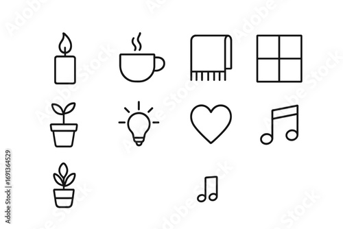 Warm Atmosphere Icons. Outline icon set of warm atmosphere: candle flame, tea cup, blanket, window, plant pot,