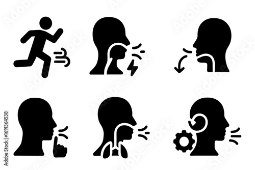 Sports Breathing Icon Set. Solid, filled icon set of breath in sports: aerobic breath, anaerobic breath, breath pacing, recovery