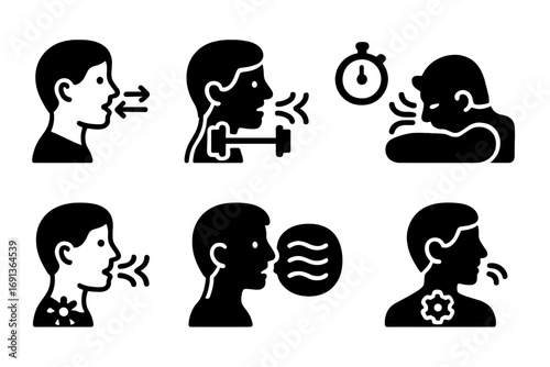 Sports Breathing Icon Set. Solid, filled icon set of breath in sports: aerobic breath, anaerobic breath, breath pacing, recovery
