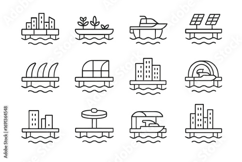 Floating Cities Icons. Outline icon set of Floating cities: modular platforms, floating gardens, water