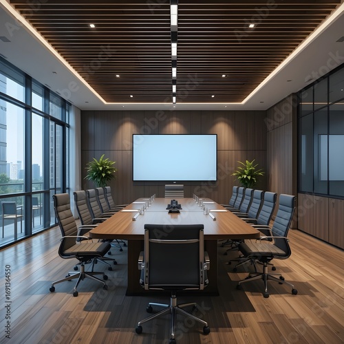 A modern conference room with luxurious interior design and a stunning city view.