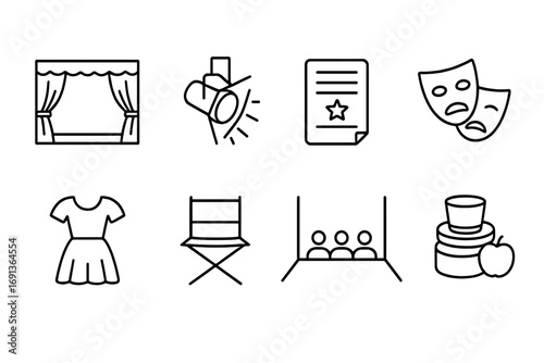 Drama Workshop Icons. Outline icon set of Drama workshops: stage, spotlight, script, mask, costume, director’s