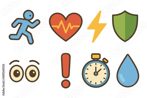 Fight or Flight Icons. Flat vector mini-illustrations Fight or flight response in colors children's illustrations: running person,