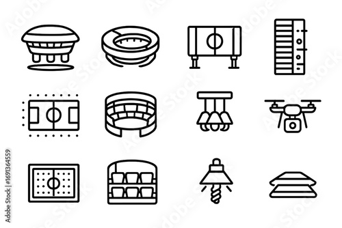 Futuristic Sports Icon Set. Outline icon set of Futuristic sports complexes: hovering stadium, retractable