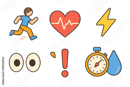 Fight or Flight Icons. Flat vector mini-illustrations Fight or flight response in colors children's illustrations: running person,