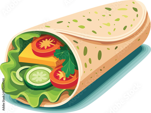 A healthy and delicious vegetable wrap or burrito with lettuce, tomato, and cheese in a tortilla. A vector illustration for fast food and healthy eating concepts. Generative AI
