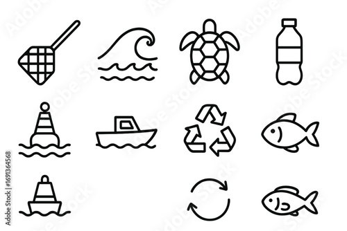Marine Cleanup Icons. Outline icon set of marine waste cleanup: fishing net, ocean wave, turtle, plastic