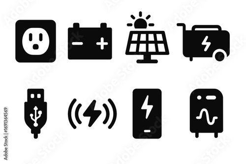 Spotlight Power Icons. Solid, filled icon set of spotlight power sources: AC power, battery, solar panel, generator, USB power,