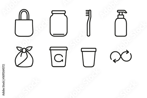 Zero-Waste Lifestyle Icons. Outline icon set of zero-waste lifestyle: reusable bag, glass jar, bamboo
