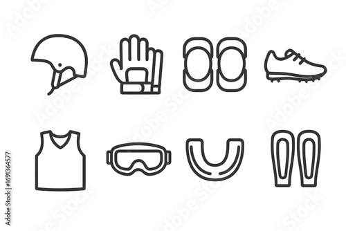 Sports Gear Icons. Outline icon set of sports gear items: helmet, gloves, knee pads, sports shoes, jersey, protective goggles,