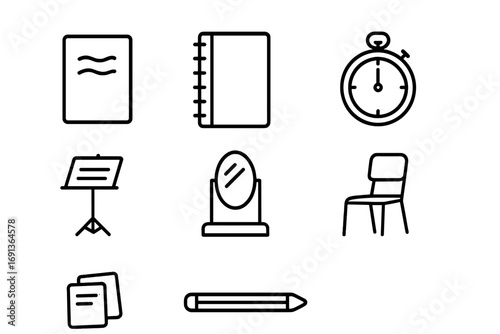 Rehearsal Tools Icons. Outline icon set of Rehearsal tools: script, notebook, pencil, timer, music stand,