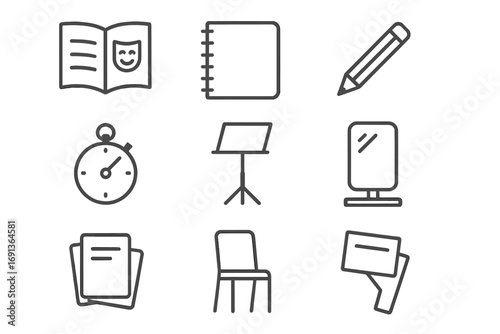 Rehearsal Tools Icons. Outline icon set of Rehearsal tools: script, notebook, pencil, timer, music stand,