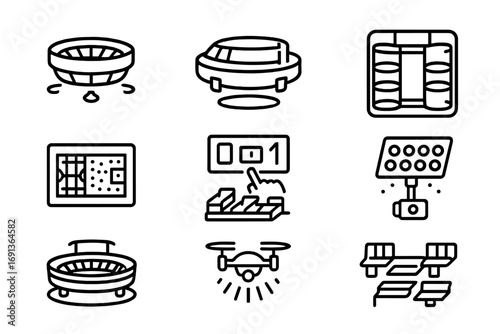 Futuristic Sports Icon Set. Outline icon set of Futuristic sports complexes: hovering stadium, retractable