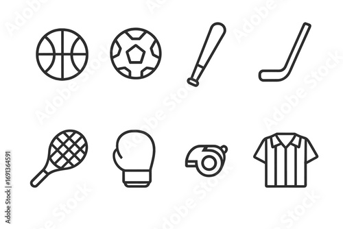 Sports Equipment Icons. Outline icon set of sports equipment: basketball, soccer ball, baseball bat, hockey stick, tennis racket,