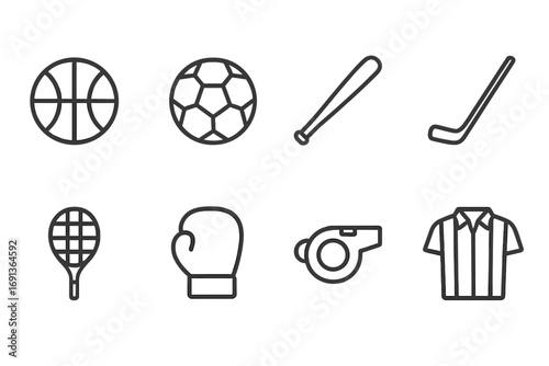 Sports Equipment Icons. Outline icon set of sports equipment: basketball, soccer ball, baseball bat, hockey stick, tennis racket,