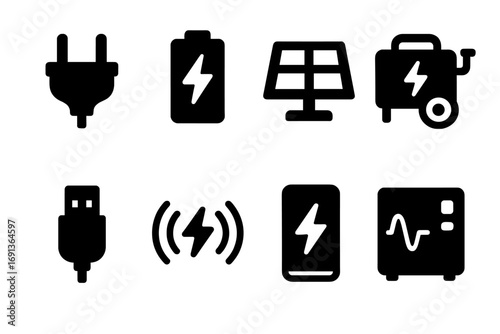 Spotlight Power Icons. Solid, filled icon set of spotlight power sources: AC power, battery, solar panel, generator, USB power,