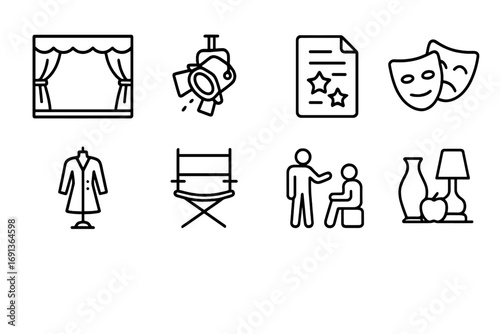 Drama Workshop Icons. Outline icon set of Drama workshops: stage, spotlight, script, mask, costume, director’s