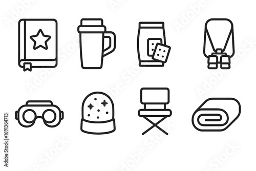 Stargazing Essentials Icons. Outline icon set of stargazing accessories: star journal, thermos cup, snacks, binocular strap, night