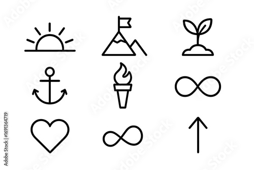 Resilience Icons. Outline icon set of resilience and hope: rising sun, mountain peak, seedling, anchor, torch,