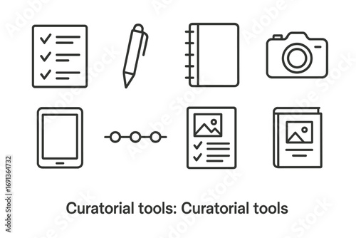 Curatorial Tools Icons. Outline icon set of Curatorial tools: checklist, pen, notebook, camera, tablet,