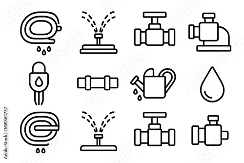 Garden Irrigation Icons. Outline icon set of garden irrigation: drip hose, sprinkler system, control valve,