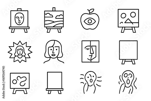 Art Styles Icon Set. Outline icon set of Art styles: realism, impressionism, surrealism, abstract, pop art,