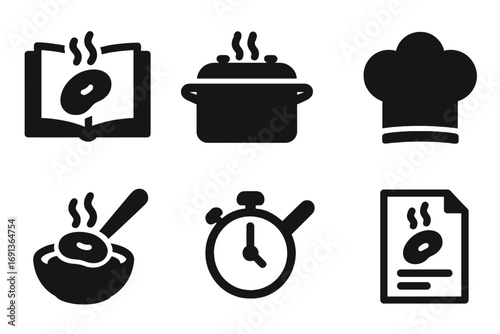 Steamed Beans Icon Set. Solid, filled icon set of steamed beans recipes: cookbook, steaming pot, bowl of beans, wooden spoon, chef