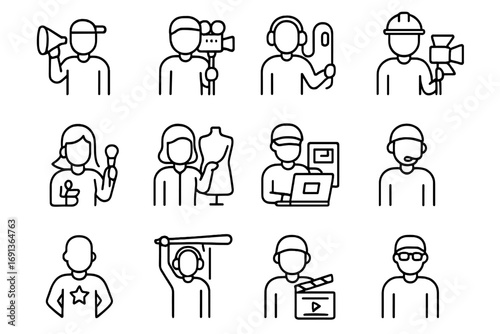 Film Crew Icons. Outline icon set of film crew members: director, camera operator, sound engineer, lighting technician, makeup