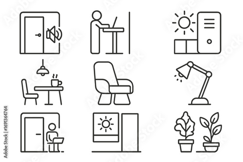 Modern Office Icons. Outline icon set of Office environment: quiet room, standing desk, natural light, air