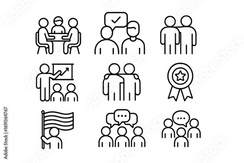 Inclusive Culture Icon Set. Outline icon set of Inclusive culture: team meeting, feedback session, mentorship,