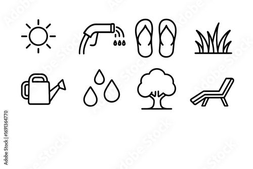 Summer Lawn Icons. Outline icon set of summer lawn watering: sun, hose nozzle, flip flops, grass, watering can