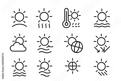 Sun's Weather Influence Icons. Outline icon set of The role of the sun in weather: sunlight, solar radiation,