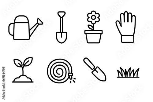 Gardening Tools Icons. Outline icon set of home gardening: watering can, shovel, flower pot, gloves, seedling,
