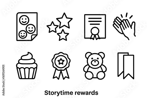 Storytime Rewards Icons. Outline icon set of storytime rewards: stickers, stars, certificates, applause, treats, badges, toys,