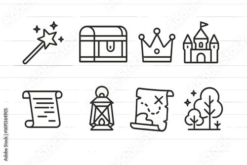 Storytime Icon Set. Outline icon set of storytime objects: magic wand, treasure chest, crown, castle, scroll, lantern, map,