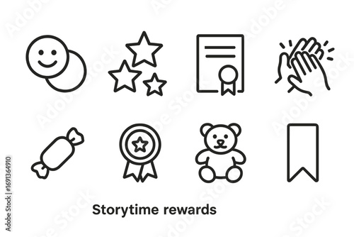 Storytime Rewards Icons. Outline icon set of storytime rewards: stickers, stars, certificates, applause, treats, badges, toys,
