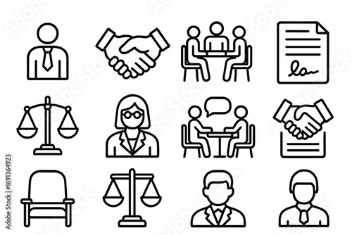 Mediation Icon Set. Outline icon set of Mediation and dispute resolution: mediator, handshake, table, contract