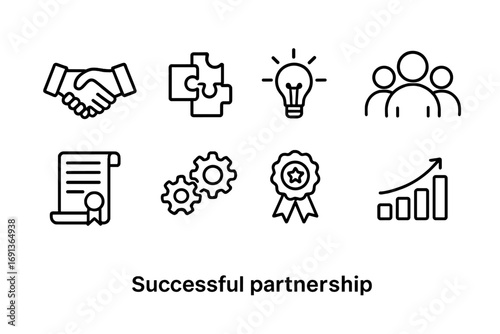 Success Icons Grid. Outline icon set of successful partnership: handshake, puzzle pieces, light bulb, team