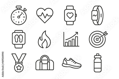 Fitness Icon Set. Outline icon set of Fitness tracking and motivation: stopwatch, heart rate monitor, smart watch, fitness tracker