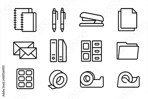Home Office Icons. Outline icon set of Home office supply management: notebooks, pens, stapler, printer paper,