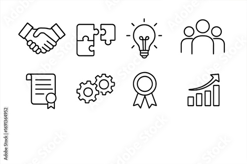 Success Icons Grid. Outline icon set of successful partnership: handshake, puzzle pieces, light bulb, team