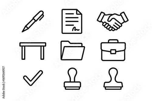 Contract Icon Set. Outline icon set of contract signing: pen, paper document, handshake, desk, folder,